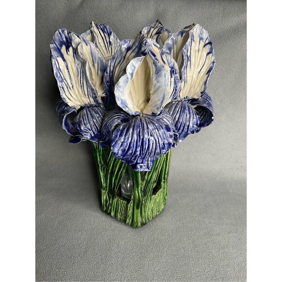 AVATAR Pottery Sculpted Ceramic Vase Majolica Garden Purple Iris Signed HandMade - Picture 2 of 14